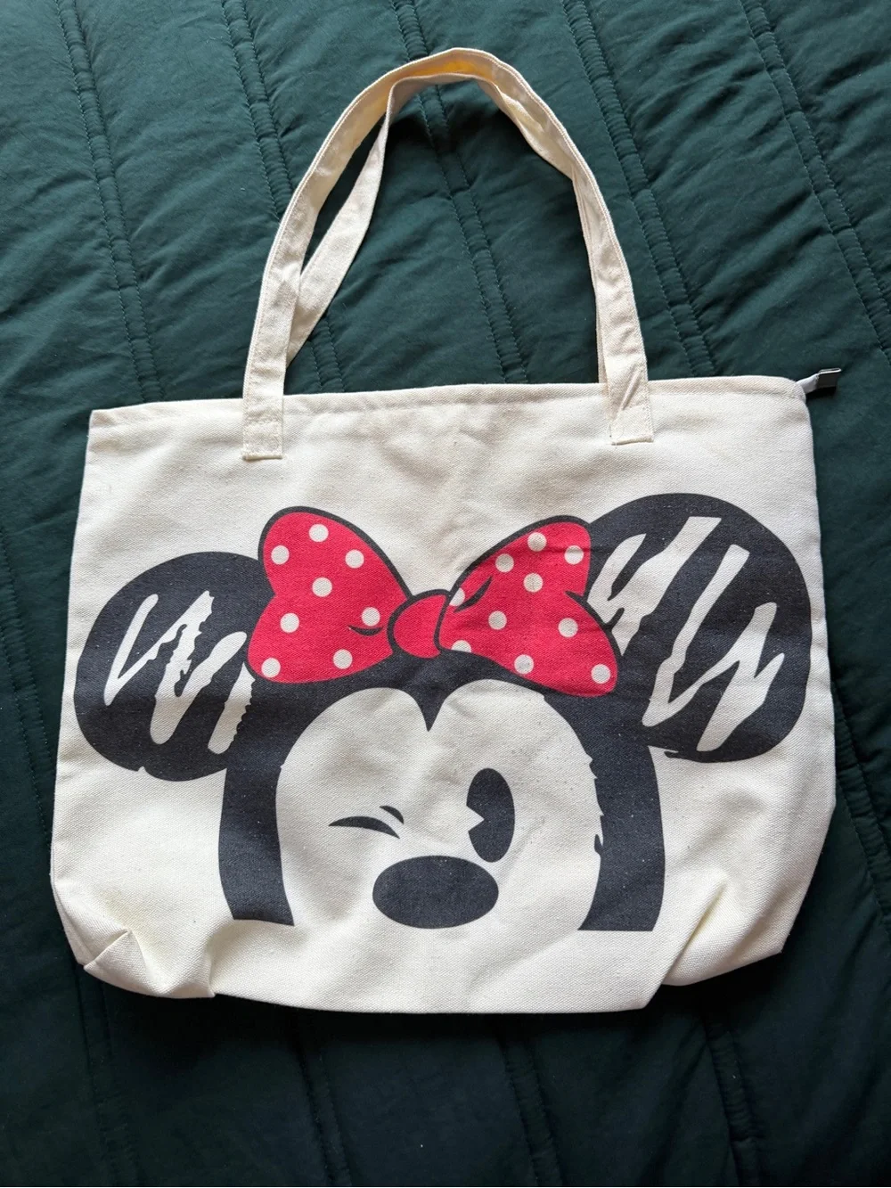 Disney Minnie Mouse Winking Canvas Tote Bag with Zipper and Inner Pocket